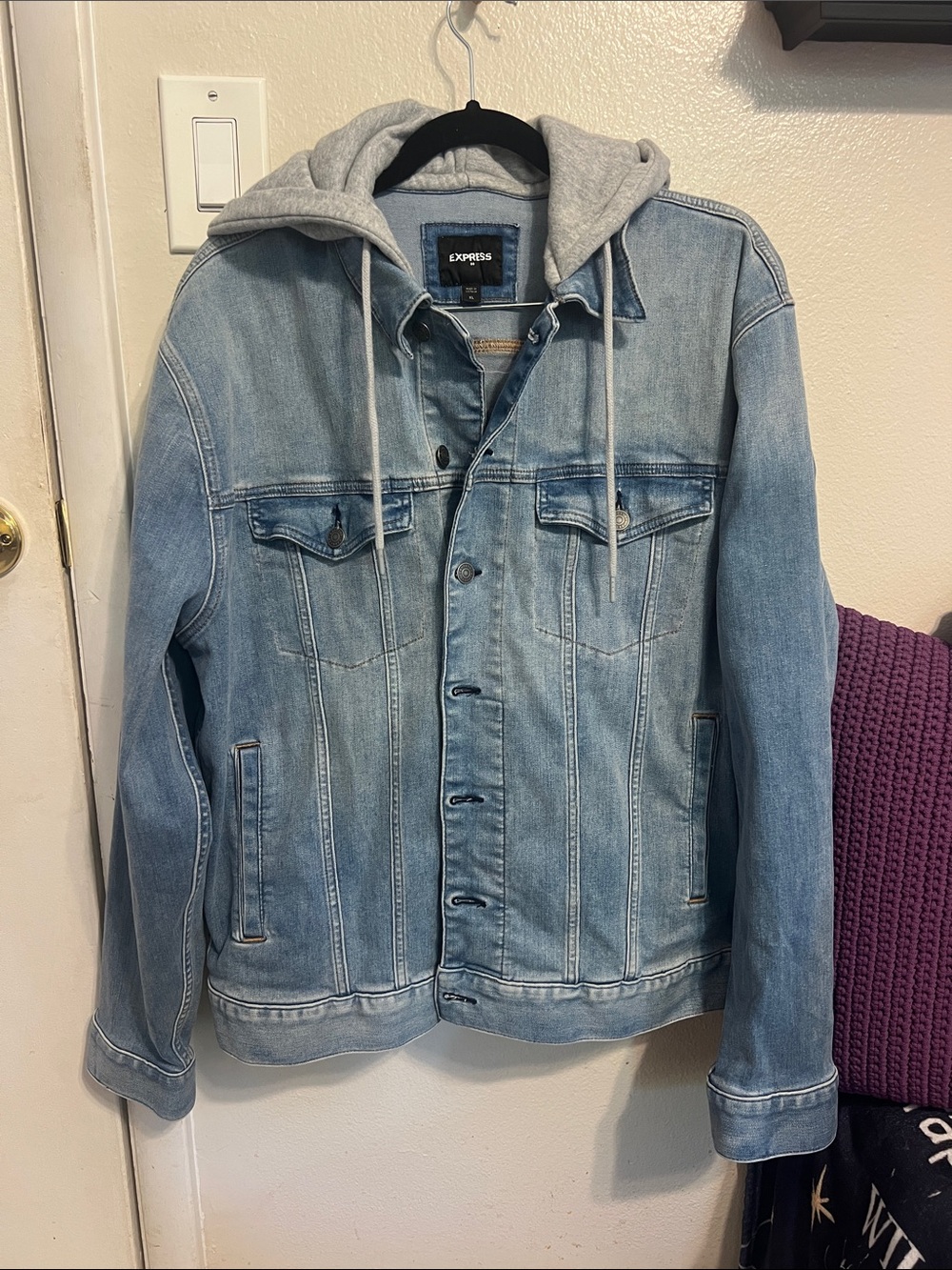 Men’s Express Light Blue Denim Jacket with Grey Hoodie Liner